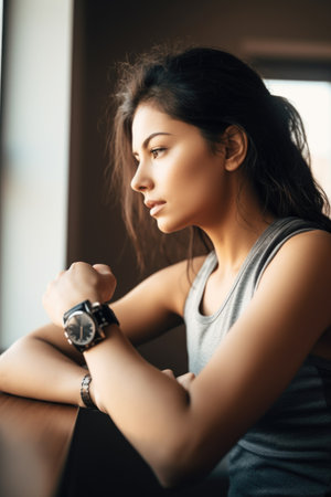 shot of a sporty young woman checking her watch while exercising at home, created with generative aiの素材