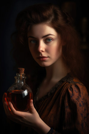 closeup shot of a young woman holding an old fashioned bottle, created with generative aiの素材