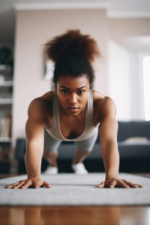 shot of an attractive young woman doing pushups at home, created with generative aiの素材
