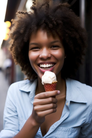 a young woman happily holding a cone of ice cream, created with generative aiの素材
