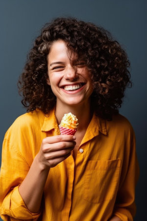 happy, cute and portrait of a woman with ice cream for snack, dessert or treat in a cone, created with generative aiの素材