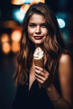 shot of a young woman holding an ice cream cone, created with generative aiの素材