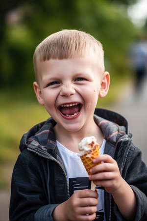 portrait of a happy young boy lickingig an ice cream cone, created with generative aiの素材
