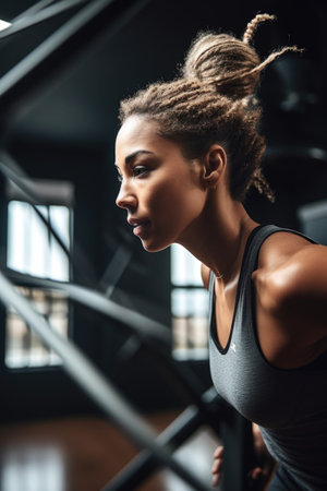 shot of a young woman doing windmills in a gym, created with generative aiの素材