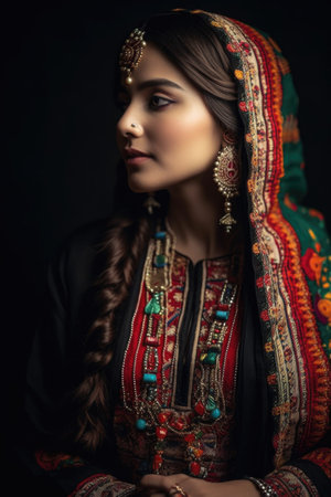 shot of a beautiful young woman wearing traditional dress, created with generative aiの素材