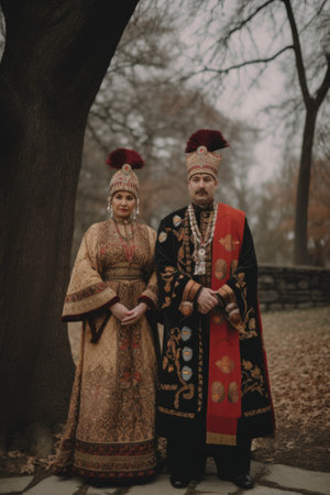 shot of two people wearing traditional outfits on the day of their wedding, created with generative aiの素材