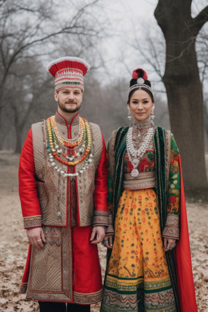 shot of two people wearing traditional outfits on the day of their wedding, created with generative aiの素材