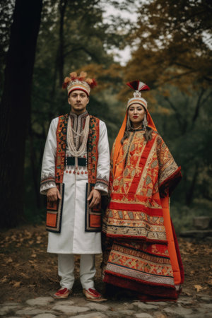 shot of two people wearing traditional outfits on the day of their wedding, created with generative aiの素材