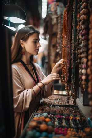 shot of a young woman looking at items in the marketplace, created with generative aiの素材