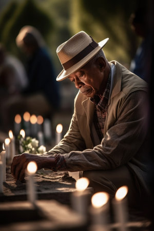 cropped shot of an ethnic man lighting a candle on his grave during a memorial at the cemetary, created with generative aiの素材