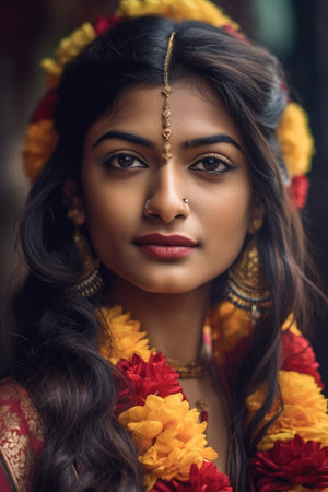 cropped shot of a beautiful indian woman wearing a flower in her hair, created with generative aiの素材