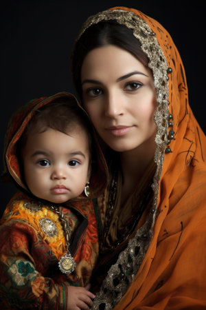 portrait of an ethnic muslim woman with her daughter, created with generative aiの素材