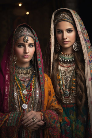 shot of two beautiful young women in traditional garb, created with generative aiの素材