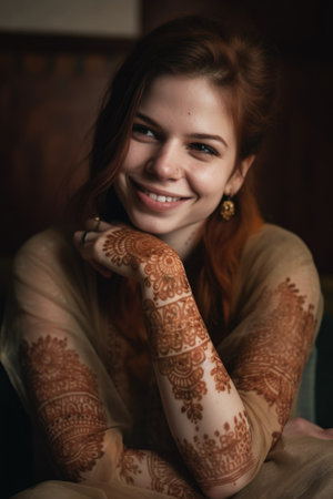 portrait of a young woman on her henna day at home, created with generative aiの素材