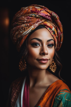 shot of a beautiful young ethnic woman wearing traditional turban, created with generative aiの素材