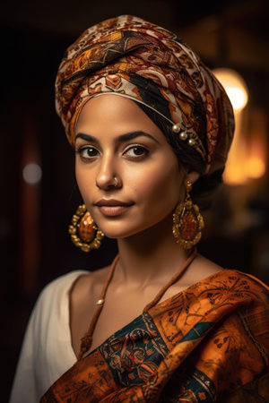 shot of a beautiful young ethnic woman wearing traditional turban, created with generative aiの素材