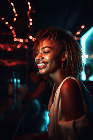shot of a young woman enjoying herself at a nightclub, created with generative aiの素材