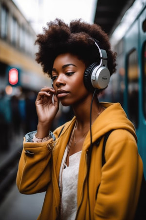 music, music and black woman listening to headphones with phone in city for travel break, created with generative aiの素材