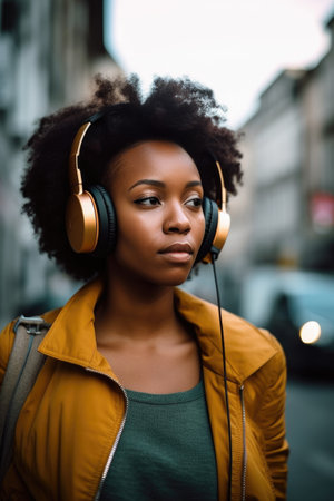 music, music and black woman listening to headphones with phone in city for travel break, created with generative aiの素材