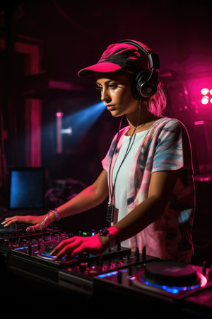 music, party and dj with a woman dancing to house music in nightclub, created with generative aiの素材