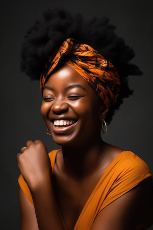 be happy, smile and studio with a black woman on a background isolated or free space, created with generative aiの素材