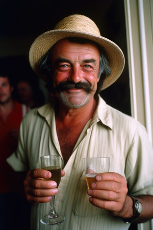 portrait, cricket and man with drink in hand at a party together, created with generative aiの素材