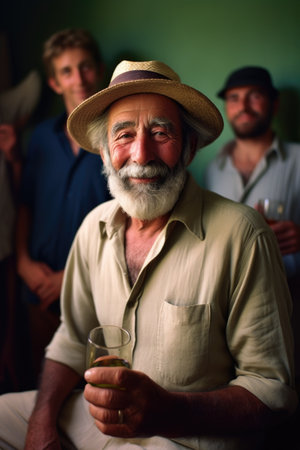 portrait, cricket and man with drink in hand at a party together, created with generative aiの素材