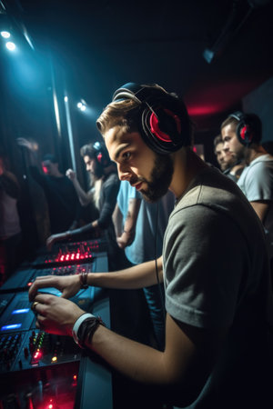 music, party and friends with headphones in club having fun together, created with generative aiの素材