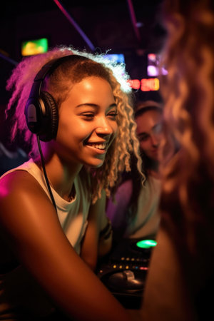 music, party and friends with headphones in club having fun together, created with generative aiの素材