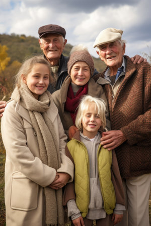 happy family, grandparents and children with a smile on their face in nature, created with generative aiの素材