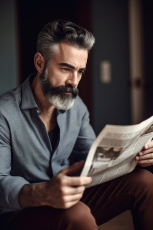 cropped shot of a handsome man reading the newspaper at home, created with generative aiの素材