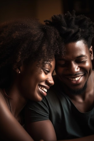 love, smile and black couple in home for happiness, love and relax together, created with generative aiの素材