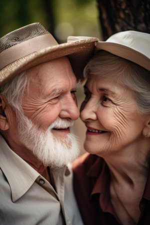 senior couple, face and smile with love in nature while care retirement or bonding, created with generative aiの素材