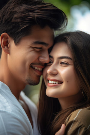 couple, hug and love while smile together in a relationship with happiness outside, created with generative aiの素材