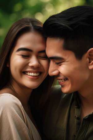 couple, hug and love while smile together in a relationship with happiness outside, created with generative aiの素材
