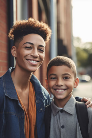 cheerful mixed race boy standing outside with his mother, created with generative aiの素材