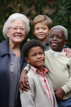 portrait of a mature interracial couple with their grandchildren, created with generative aiの素材
