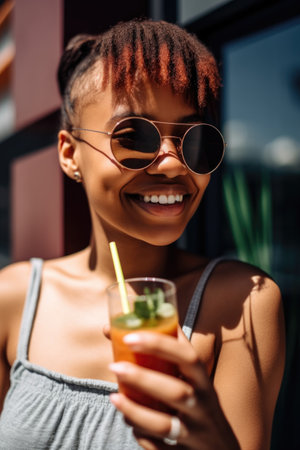 portrait of an attractive young woman enjoying a smoothie on a sunny day, created with generative aiの素材