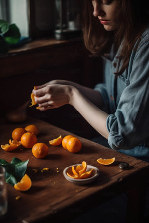 cropped shot of a woman peeling a tangerine at home, created with generative aiの素材