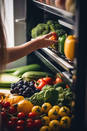 cropped shot of a woman picking out fresh produce from the fridge, created with generative aiの素材