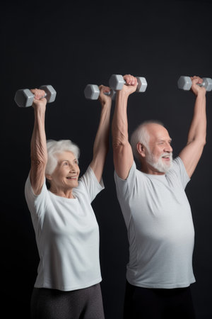 studio shot of a happy couple lifting dumbbells against a grey background, created with generative aiの素材