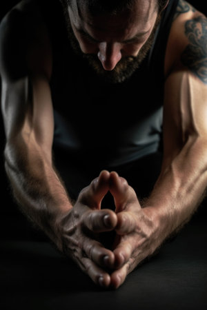 closeup shot of an unrecognizable man doing a yoga pose in the studio, created with generative aiの素材