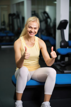 portrait of a happy blonde woman showing thumbs up while sitting in gym clothes, created with generative aiの素材