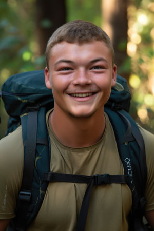 a handsome young man standing with a backpack strapped to his shoulders and smiling at the camera, created with generative aiの素材