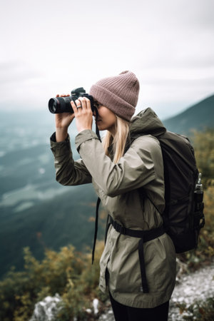 cropped shot of a young woman taking a photo during her hike, created with generative aiの素材