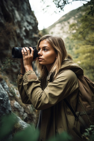cropped shot of a young woman taking a photo during her hike, created with generative aiの素材