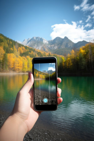 travel, fitness and hands with phone for communication, data usage or online connection in nature, created with generative aiの素材