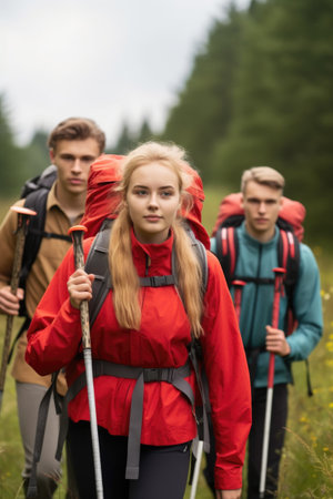 cropped view of a group of young people walking outdoors with their hiking equipment, created with generative aiの素材