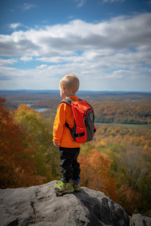 a young hiker looking out at the view, created with generative aiの素材