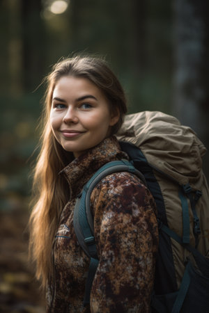 a young woman wearing a backpack while enjoying the outdoors, created with generative aiの素材